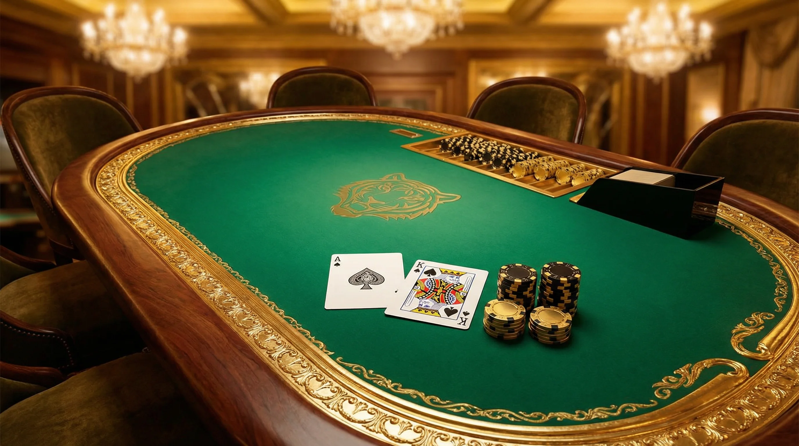 Mesa de blackjack elegante con cartas y fichas doradas