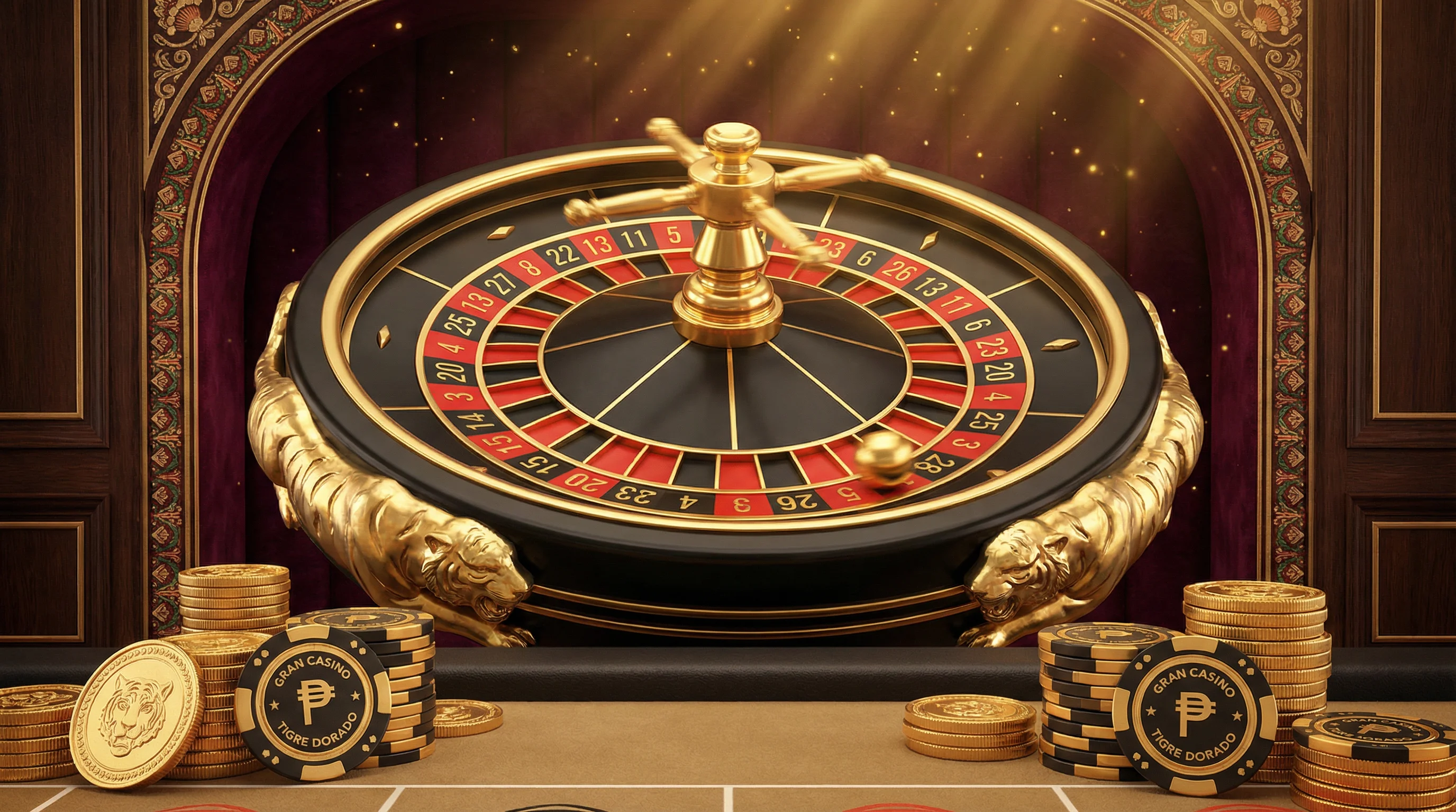 Ruleta de casino con diseño dorado y fichas de tigre